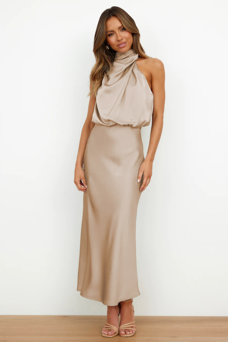 MARGOT - Robe Longue Élégante en Satin avec Col Drapé