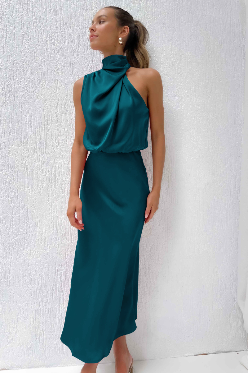 MARGOT - Robe Longue Élégante en Satin avec Col Drapé