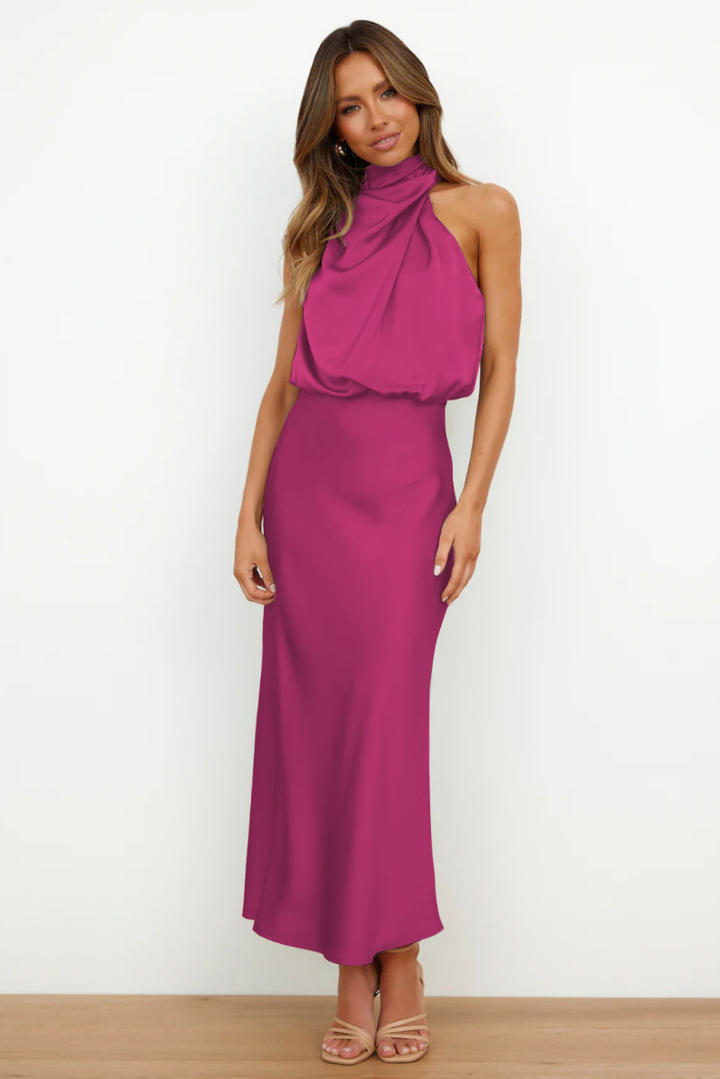 MARGOT - Robe Longue Élégante en Satin avec Col Drapé